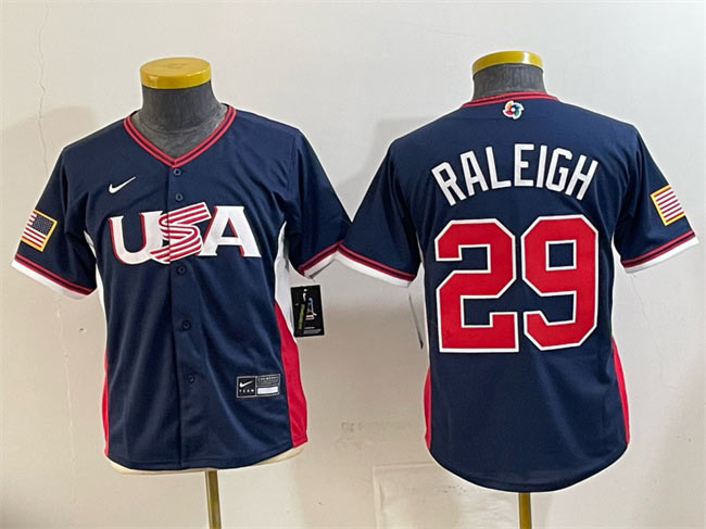 Youth USA Baseball 29 Cal Raleigh Navy 2026 World Baseball Classic Stadium Stitched Baseball Jersey
