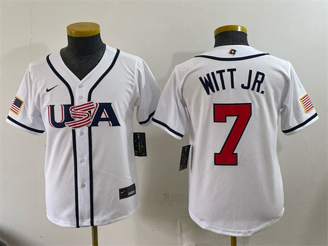 Youth USA Baseball 7 Bobby Witt Jr. White 2026 World Baseball Classic Home Stadium Stitched Baseball Jersey
