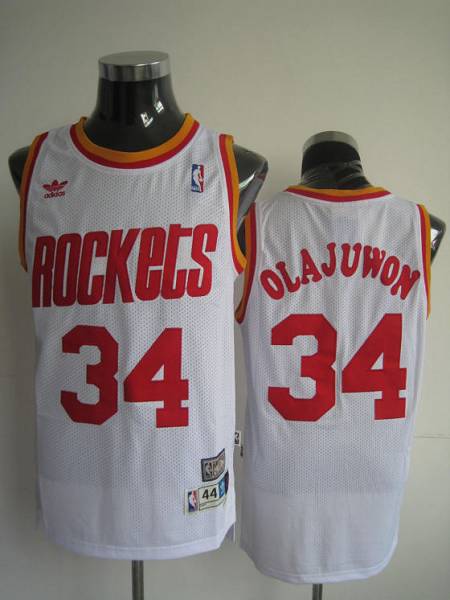 Mitchell and Ness Rockets #34 Hakeem Olajuwon Stitched White Throwback NBA Jersey